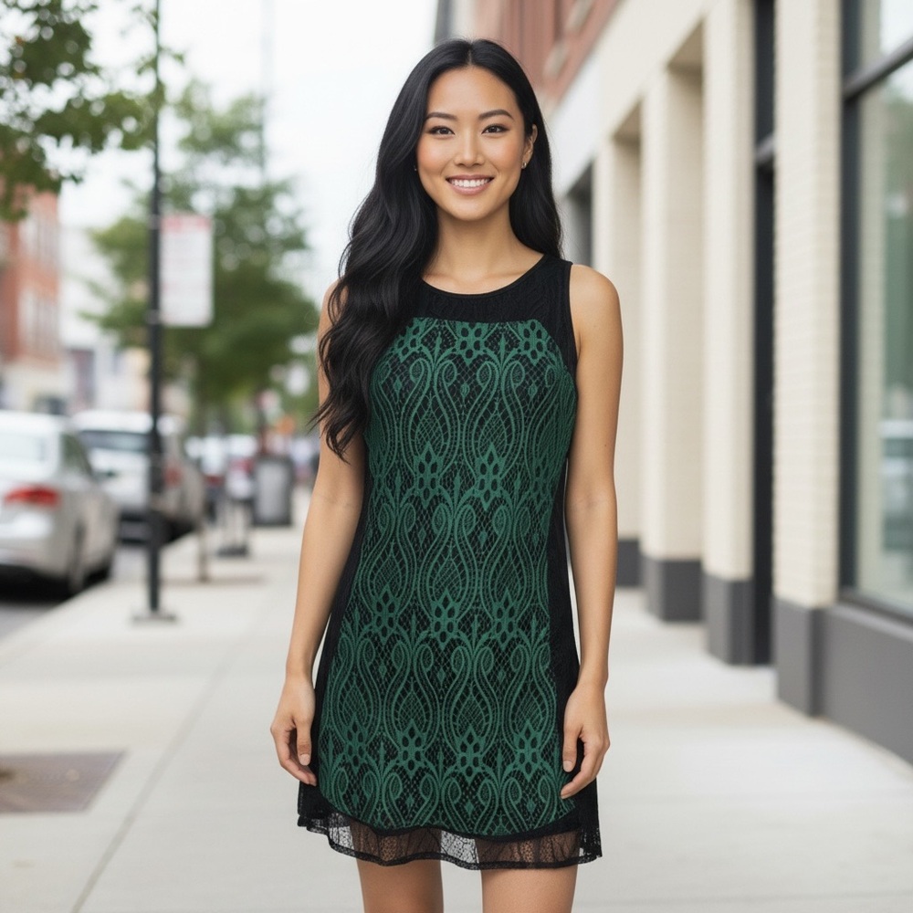 KAS New York Lace Front Sleeveless Black and Green Shift Mini Dress